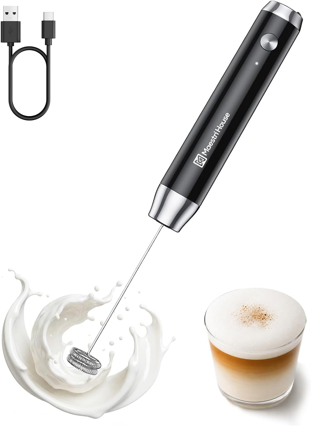 Maestri House Rechargeable Milk Frother Handheld with IPX6 Waterproof | Electric Foam Maker Waterproof Detachable Stainless Steel Whisk,No Stand, Drink Mixer Foamer for Lattes, Cappuccino-LunaNS