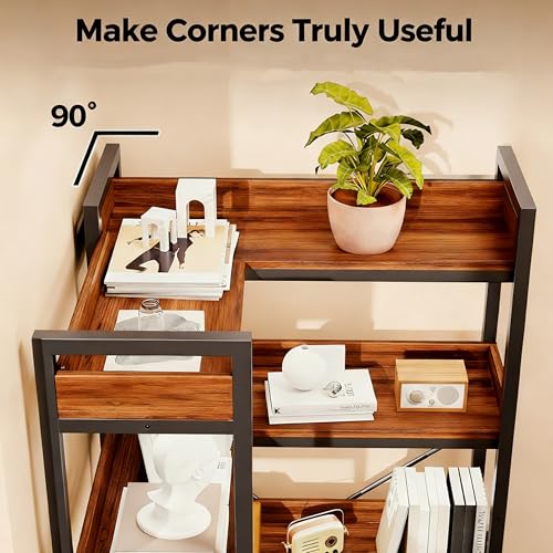 Image of HealSmart 5 Tier L Shape Bookshelf, 65 inch Corner Bookcase with Hooks and Edge, Industrial Wooden Bookcase with Open Shelves and Metal Frame for Living Room, Bedroom, Home Office, Kitchen, Brown