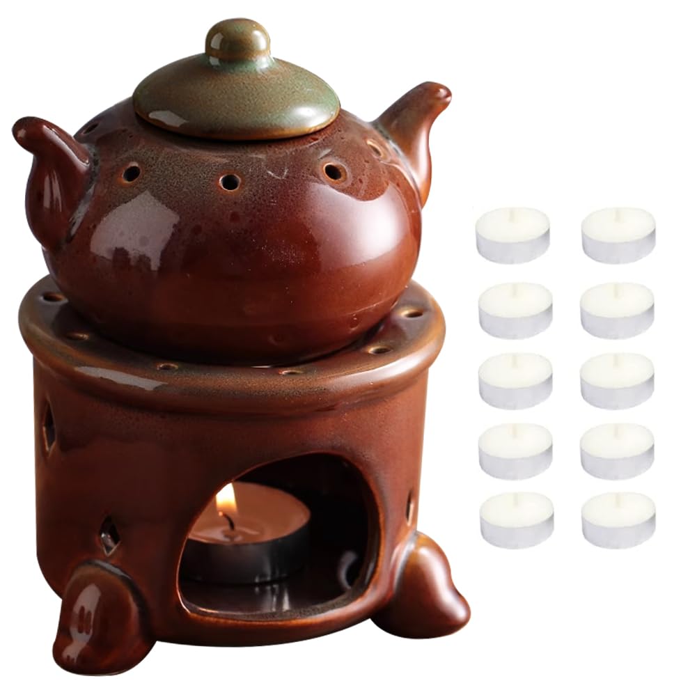 WAYUTO Duftlampe für ätherische Öle, Keramik, Diffusor mit 10 Kerzen, Teekanne, Teelichthalter, Aromatherapie, Ölwärmer, Wachsschmelzbrenner für Valentinstag, Schlafzimmer, Balkon, Yoga, Meditation,