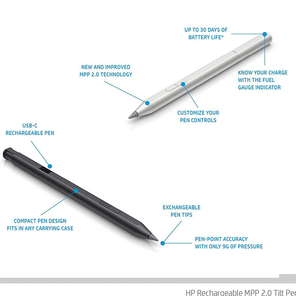 Penna ricaricabile MPP 2.0 Tilt Pen compatibile per HP Pavilion x360 Envy x360 Spectre x360, 3J122AA#ABB 3J123AA#ABB Pen con 2 punte (nero)