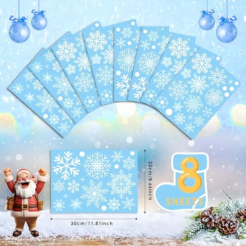 Image of AhfuLife Christmas Snowflakes Window Clings, 152 PCS Reusable Window Stickers for Glass, 8 Sheets Double Sided Snowflakes Stickers for Xmas Party