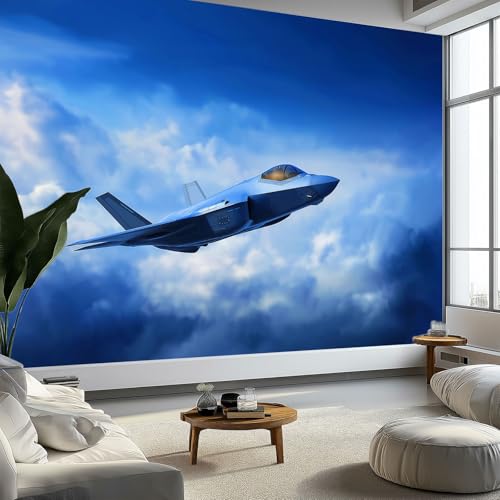Fotografía Cielo Azul Avión De Combate Blanco Papeles Pintados de Pared 250 x 175 cm Fotomurales, Azul Tejido No Tejido Papel Tapiz Fotográfico - Salón Dormitorio Oficina Hotel Decorativos Murales