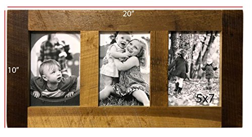Image of Rustic Wooden Collage Picture Frame, Wood Multi Photo Holder for Wall, Horizontal and Vertical Display, Reclaimed Barnwood, 3 Openings each 5x7