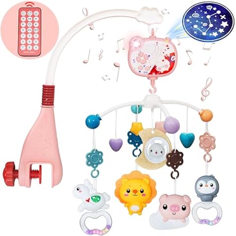 Baby Mobiles for Cribs, Crib Mobile with Music and Lights, Nursery Musical Mobile for Bassinets Hanging Toys with Remote Control, Rotation, Projection, Animal Mobile Arm Clip On for Infant Boys Girls Cover