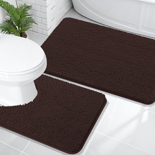 Image of OLANLY Bathroom Rugs Sets 2 Piece, Soft Absorbent Chenille Bath Mats and U-Shaped Contour Toilet Mat Area Rug Set, Machine Washable Bath Carpet, Home Decor Accessories(36 inchx24 inch+24 inchx20 inch, Brown)