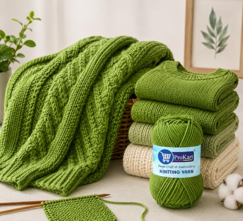Image of ProKart Premium Woolen 4 Ply Hand Knitting Wool Yarn | Fine Weight Soft Yarn for Sweater, Scarf, Hat, Baby Clothes, Purse, Gift Bags & DIY Craft Accessories (Turtle Green, 100gms x 1 Pack) - PRO25