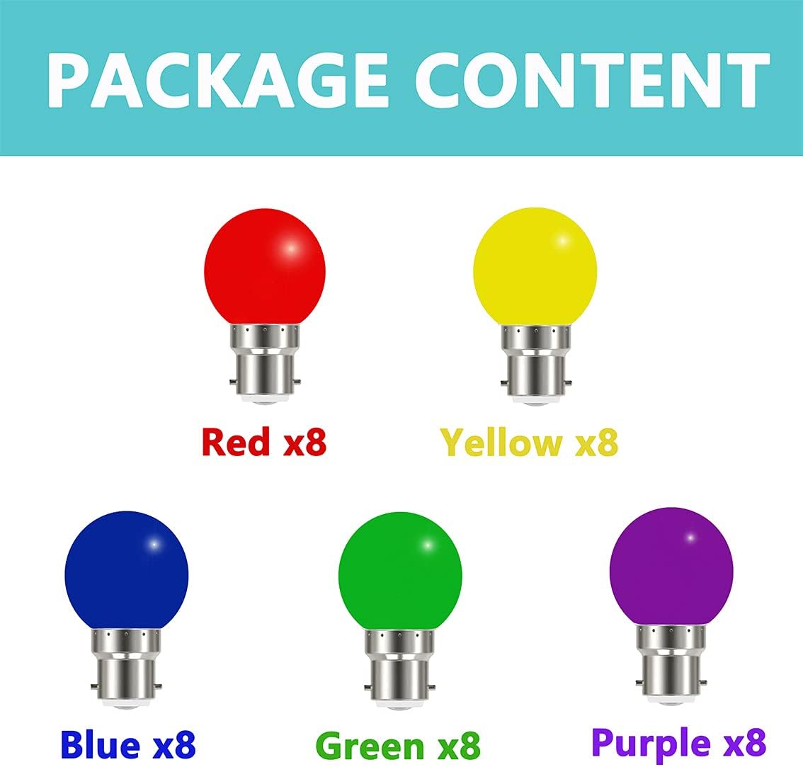 40 Pack Coloured Light Bulbs Bayonet B22 3W, Not dimmable, Garden Light Bulb - Image 3