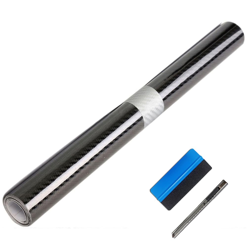 LZLRUN 5D Gloss Black Carbon Fiber Vinyl Wrap - Outdoor Rated for Automotive Use - 1ft x 10ft with Knife + Squeegee