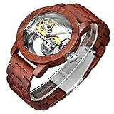 IK COLOURING S2SQURE Men's Wooden Watches, Mechanical Automatic Self-Winding Wrist Watch, Luxury Skeleton Steampunk Hollow-Carved Watches for Men Lightweight with Handmade Brown Wood Band