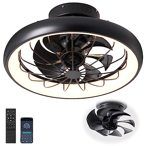 SUKACI Ceiling Fan with LED Light: Caged Flush Mount Low Profile Ceiling Fans - Upgrated 360-degree Oscillating Modern Bladeless Dimmable Lights with Remote Control for Bedroom Living Room Kitchen