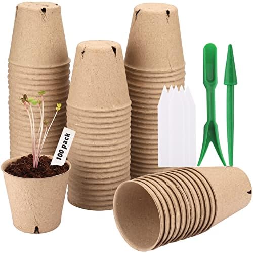 HWPRATO Peat Pots 100 Pcs Planting Pots Paper Planter Nursery Pots with Drainage Holes 3" Organic Plant Starter Pots with 100Pcs Plant Label, for Vegetable,Flowers Indoor (Round-3.14in)
