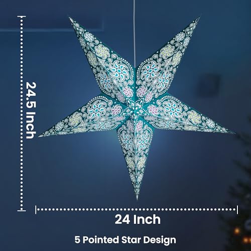 Image of GalaxyArts Paper Star Lantern, 24 Inch Chakra Turquoise 3D Light-Up Hanging Lamp, Handcrafted Hollow Out Star Decoration for Christmas, Wedding, Parties, Birthday, Indoor Outdoor Home Decor (Medium)