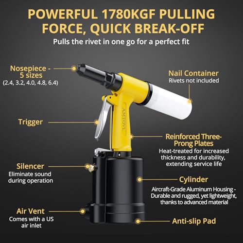 AMTOVL Pneumatic Riveter - 3917LBF Pulling Pneumatic Rivet Gun, Heavy-Duty Air Pop Riveter 3/32\", 1/8\", 5/32\", 3/16\" and 1/4\" Capacity