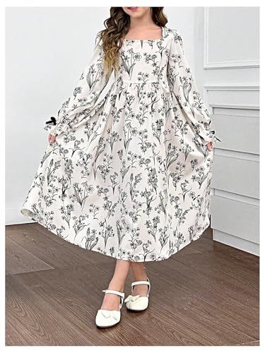 Floerns Girl's Floral Puff Sleeves Maxi Dress A Line Ruffle Hem Bow Long Sleeve Dress4