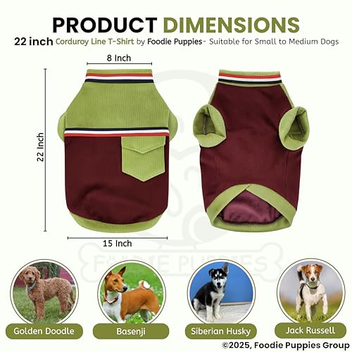 Image of Foodie Puppies Corduroy Line Velvet Pocket T-Shirt Warm Sweater Jacket - (22 inch, Olive & Maroon) for Medium Dogs | Soft, Lightweight Pet Apparel | Stylish, Comfortable, Durable, Stretchable