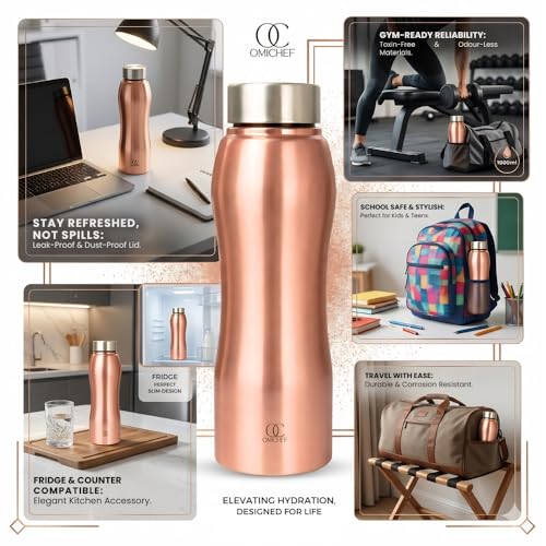 Image of Omichef Stainless Steel Water Bottle 1L (Pack of 4) | Copper Finish | Fridge Safe, Leak Proof, BPA Free | Ideal for Home, Office, School & Gym