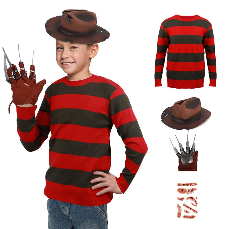Joyincoser 4 PCS Clawed Striped Monster Costume Set for Children with Glove Hat Red Striped Jumper Scary Outfits for Halloween Cosplay Carnival (7-8 Years)