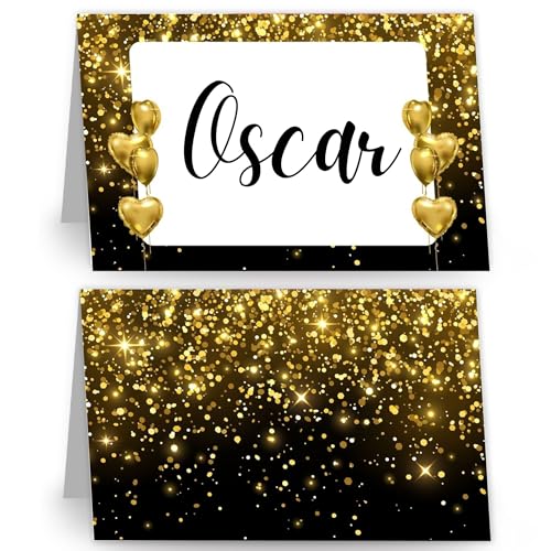 Marcador de local de aniversário dourado, 50 cartões de mesa de aniversário original, marcador de local de mesa original para eventos, marcadores de mesa, decoração cerimónia, espaço reservado para