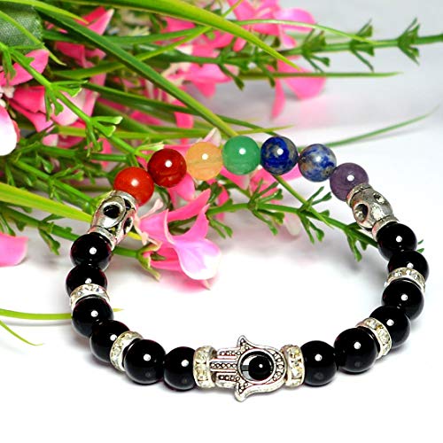 Image of Reiki Crystal Products Certified Natural Crystal Stone 7 Chakra with Hamsa 8 mm Round Beads Bracelet for Men & Women | Reiki Charged Gemstone Bracelet | Multiple Stone Variants Available