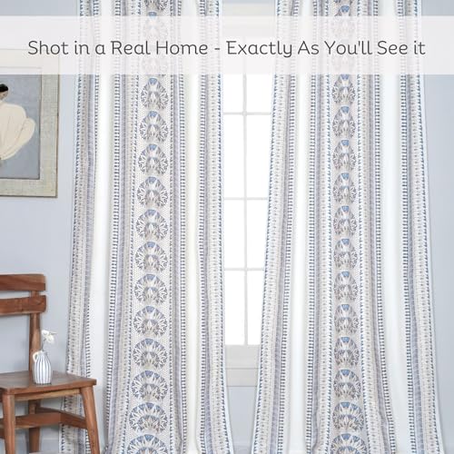 Image of Tranquebar Curtain Co. Cotton Curtains 8 Feet Long, 60-65% Room Darkening, Blue Geometric Floral Print, 8 Feet Curtains, 8 Feet Curtains, BackTab Loops, Design Gami (244 cm) - Set of 2