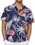 florynova Mens Hawaiian Shirt Summer Short Sleeve Hawaii Button Down Floral Beach Shirts with Pocket(Pink Orange Flower,M)