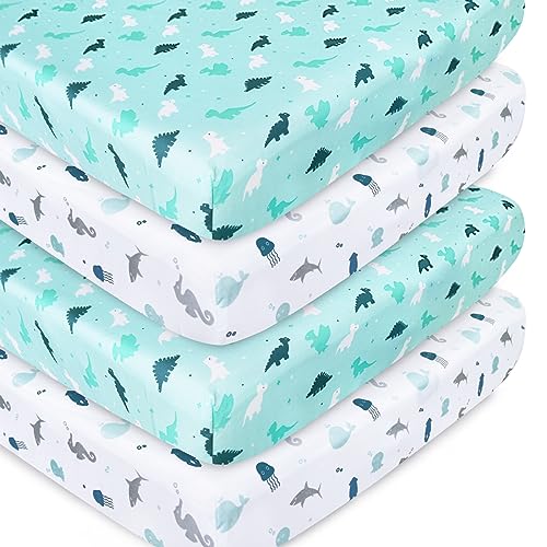 Image of Crib Sheets for Boys or Girls 4-Pack, Fitted Crib Sheet 52'' x 28'' for Standard Crib & Toddler Mattress, Soft and Breathable Material, Baby Crib Sheets Neutral, Aqua