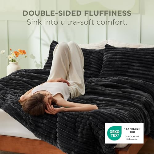 Image of Bedsure King Fluffy Comforter Set - GentleSoft 3 Pieces Luxury Fleece Black Bedding, Cozy Room Decor Aesthetic, 1 King Bed Comforter (104 inchx90 inch) and 2 Pillowcases (20 inchx36 inch)