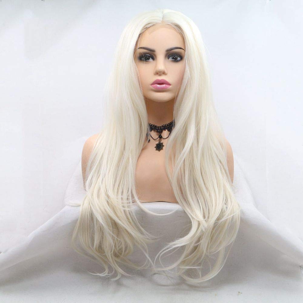 Xiweiya Platinum Blonde Wavy Wig Long White Hair Synthetic Blonde Lace Front Wigs Body Wave Hair White Queen U Part Wig Heat Resistant Fiber 180% Density Wigs for Women 24inch - Image 2