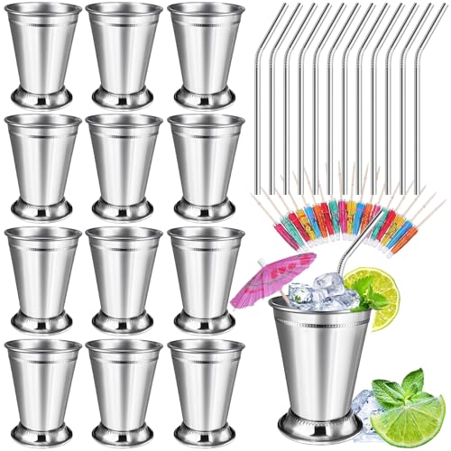 12 Sets Mint Julep Cups Silver with Straws 12 oz Stainless Steel Drinking Cups Beaded Mint Julep Cups Metal Cocktail Glasses with Straws and Drink Picks for Mint Julep Cocktails Beer Juice Beverage