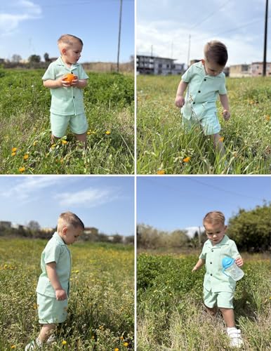 Image of Arshiner Toddler Boys 2 Piece Summer Outfits Waffle Knit Short Sleeve Button Down Shirt & Casual Shorts Sets Size 2-7