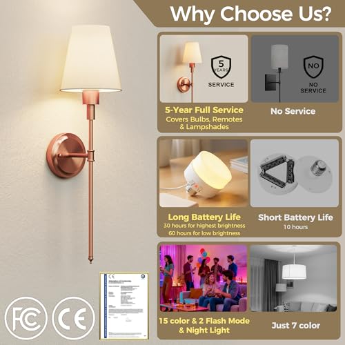 Image of DORESshop Battery Operated Wall Sconce Set of 2, Wireless Wall Light Easy to Install, 7 Color Rechargeable Wall Sconces, Sconce Wall Decor Set of 2 for Bedroom, Living Room, Copper, 24.6in