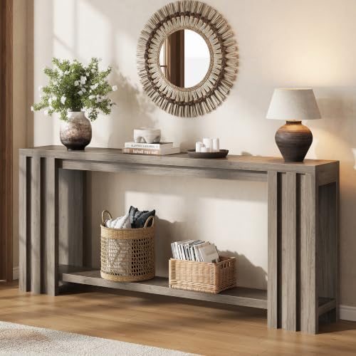 Image of 70.9 Rustic Grey Slim Farmhouse Console Sofa Table Behind Couch Entryway