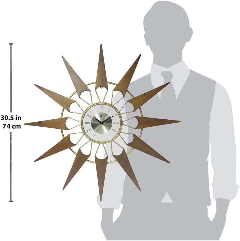 Infinity Instruments Nova Starburst Gold Wall Clock Vintage Mid Century Starburst Clock 31 inch Extra Large 50s 60s Mid Century Modern Decor Wall Hanging Sunburst Clock, Gold, Brown