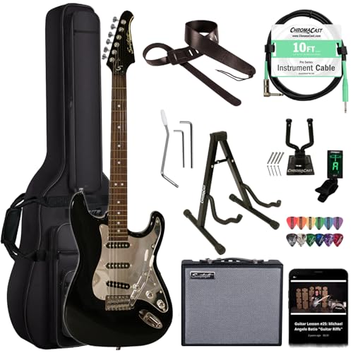 Sawtooth Black ES Series Electric Guitar w/Chrome Pickguard - Includes: Accessories, Amp & Gig Bag