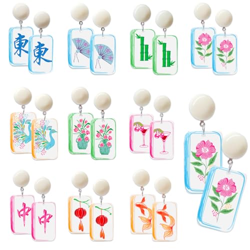 20 Pcs Mahjong Earrings 10 Set Women Funny Acrylic Mahjong Tile Dangle Earrings Creative Geometric Jewelry Lucky Mah Jongg Gifts for Women Friendship Accessories