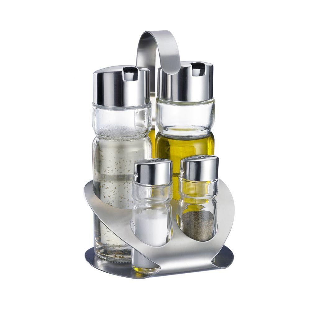 MGE - Set Olio e Aceto con Sale e Pepe - 4 Pezzi con Supporto in Acciaio Inox - Bottiglie in Vetro Ricaricabili Antigoccia - Elegante per Cucina e Tavola