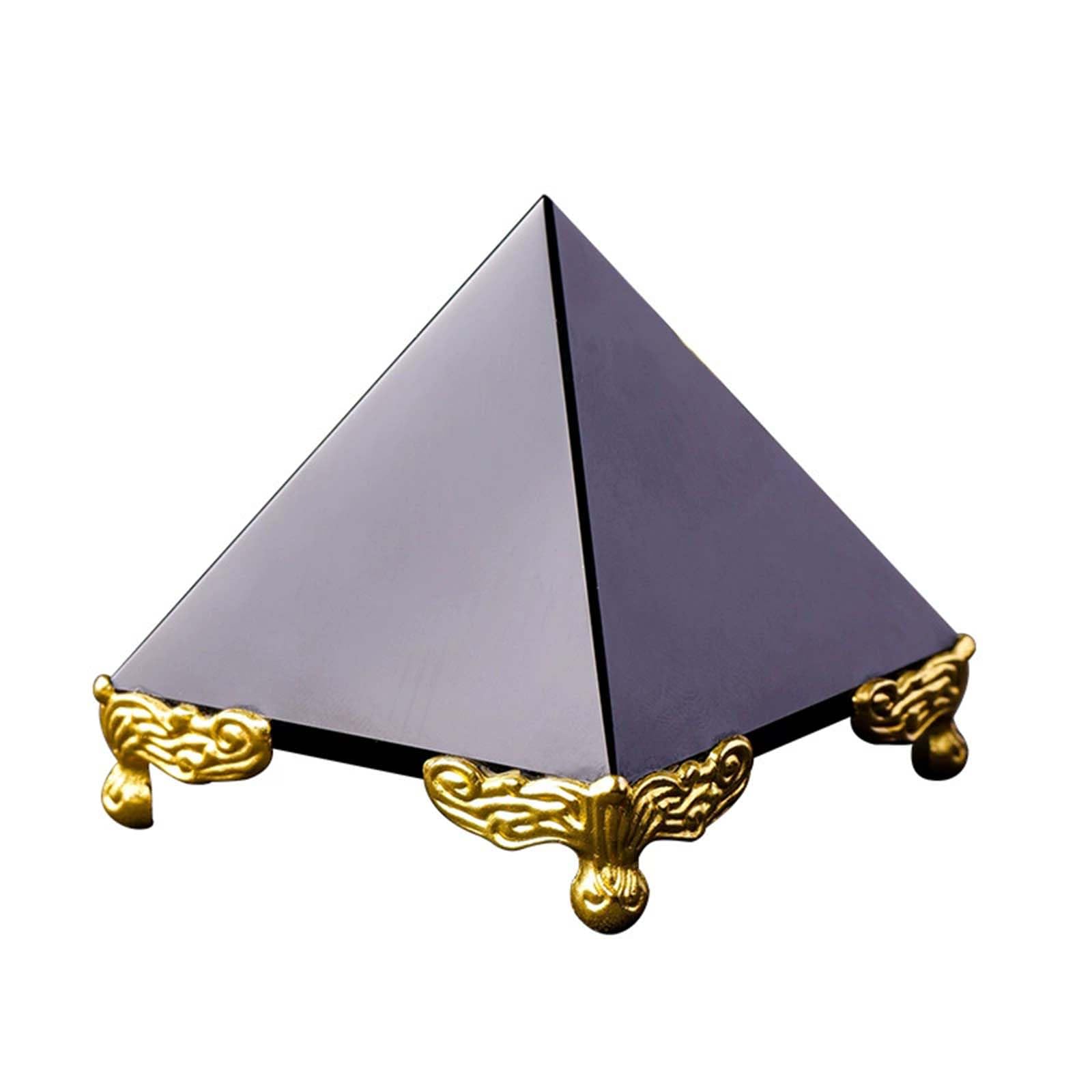 Figura de pirámide de Cristal de obsidiana Negra con Soporte Dorado