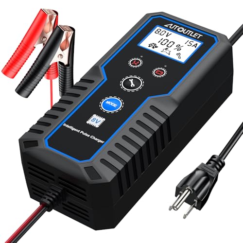 AUTOUTLET 8V Golf Cart Battery Charger 0–15A Smart Automatic, Trickle Charger & Battery Maintainer with LCD Display, PWM 4-Stage Charging for AGM Gel Lead Acid Batteries