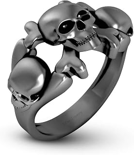Gothic Spooky Skull Wedding Ring Gun Metal Fn 925 Sterling Silver Skull and Crossbones Ring