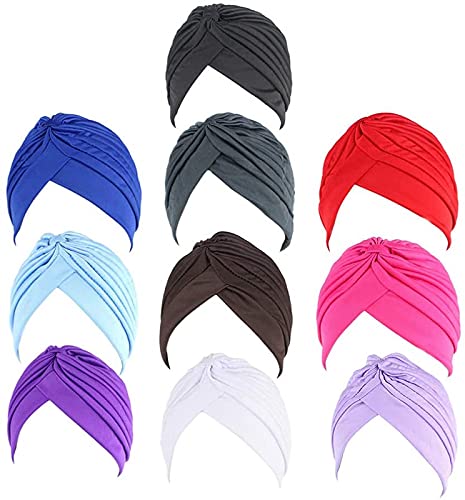 BISMAADH10 Pieces Stretchy Cross Turban Cap Head Wrap Pleated Chemo Cap Headscarf Elastic Headgear for Women & Girls
