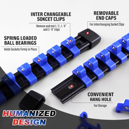 Image of 6 Pcs Socket Organizer Rail Set, Premium Socket Holder, Heavy-Duty Socket Rack Kit With 86 Clips 1 /4-Inch x 32 Clips, 3 /8-Inch x 30 Clips, 1 /2-Inch x 24 Clips - Ideal for Tool Storage