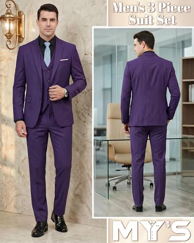 Image of MY'S Men's 3 Piece Slim Fit Suit Set with Tie, 2 Button Blazer Jacket Vest & Pants, Business Wedding Party Prom Suit for Men
