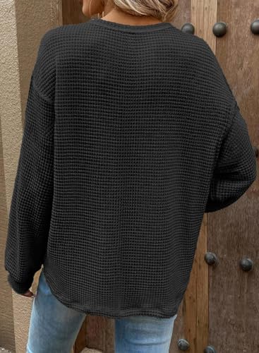 Image of Dokotoo Womens Waffle Knit Tops 2026 Oversized Long Sleeve Crewneck Shirts Business Casual Blouses Basic Shirts