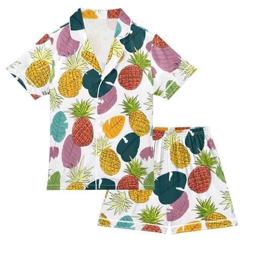 ALAZA Colorful Pineapple Palm Leaf Satin Pajamas Set Short Sleeve Button Down Sleepwear Summer Pjs 2 Piece