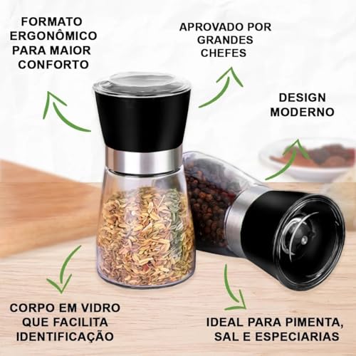 Kit 2 Moedor De Pimenta E Sal Especiarias Vidro E Cerâmica 170ml