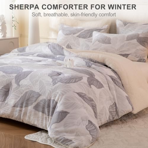 Image of Tufted Fleece Comforter Set Queen- Super Soft Warm Fluffy Shaggy Bedding Sets, Leaves Jacquard Bed Set for Winter, 1 Sherpa Comforter with 2 Pillow Cases (90 inchX90 inch Grey Leaf)