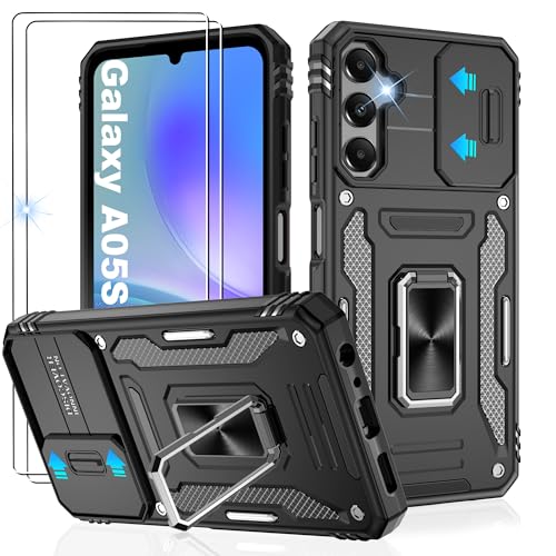 Gritup for Samsung Galaxy A05s 4G Case with Slide Camera Cover | 2-Pack HD Screen Protectors | 360° Rotating Metal Kickstand | MIL-Grade Shockproof Protection (Military Standard) | Black