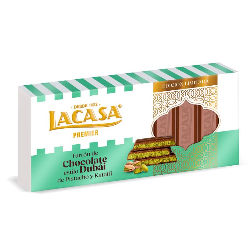 Turrón LACASA – Tableta Gourmet | Variedades exóticas con chocolate y frutas – Turrones premium para Navidad y ocasiones especiales (200gr, Chocolate Dubai)