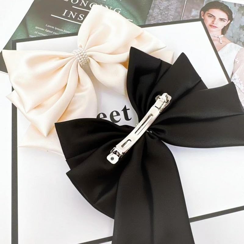 HAIRUO Large Bow with Pearl Hair Clip Women Teen Girls Fashion Cute Bow Pearl Black Clip Hair Accessories image 5