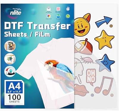 Enlite Premium DTF Film A4(8.3″ x 11.7″) 100 Sheets, with Single-Side Water-Based Coating for Direct to Film Printers, PET Heat Transfer Paper for DYI Direct Print on T-Shirts Tex…